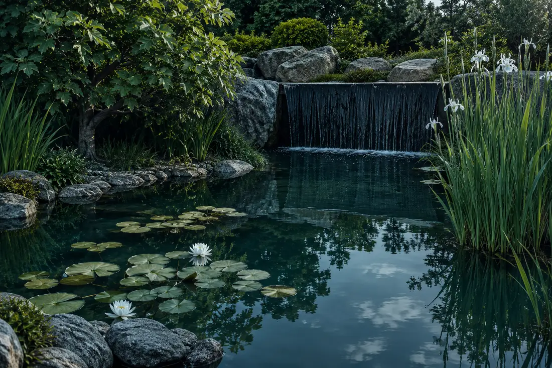 Estanque decorativo con nenúfares blancos, rocas de granito y una lámina de agua en calma