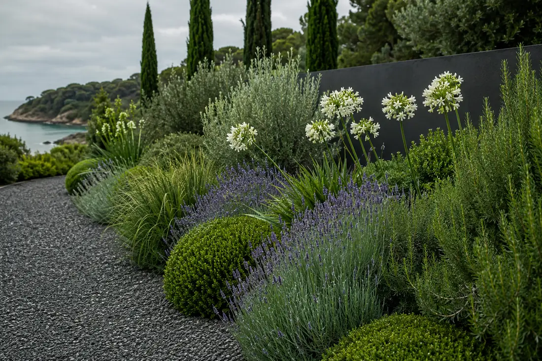 Bordura mediterránea con romero, lavanda y gramíneas junto a un paso de grava gris