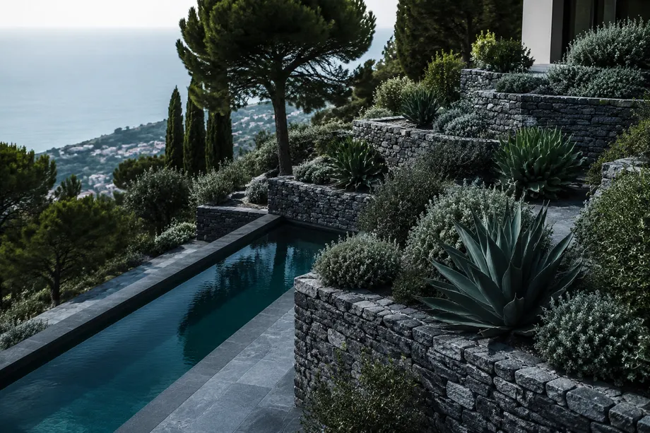 Jardín en ladera con muros de piedra seca, plantas de bajo consumo y piscina estrecha