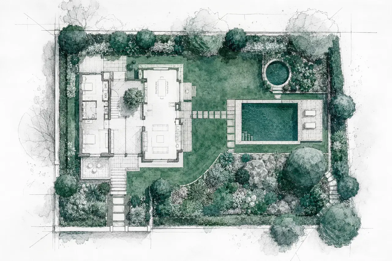 Plano en acuarela de una parcela con casa, césped, piscina rectangular y estanque circular